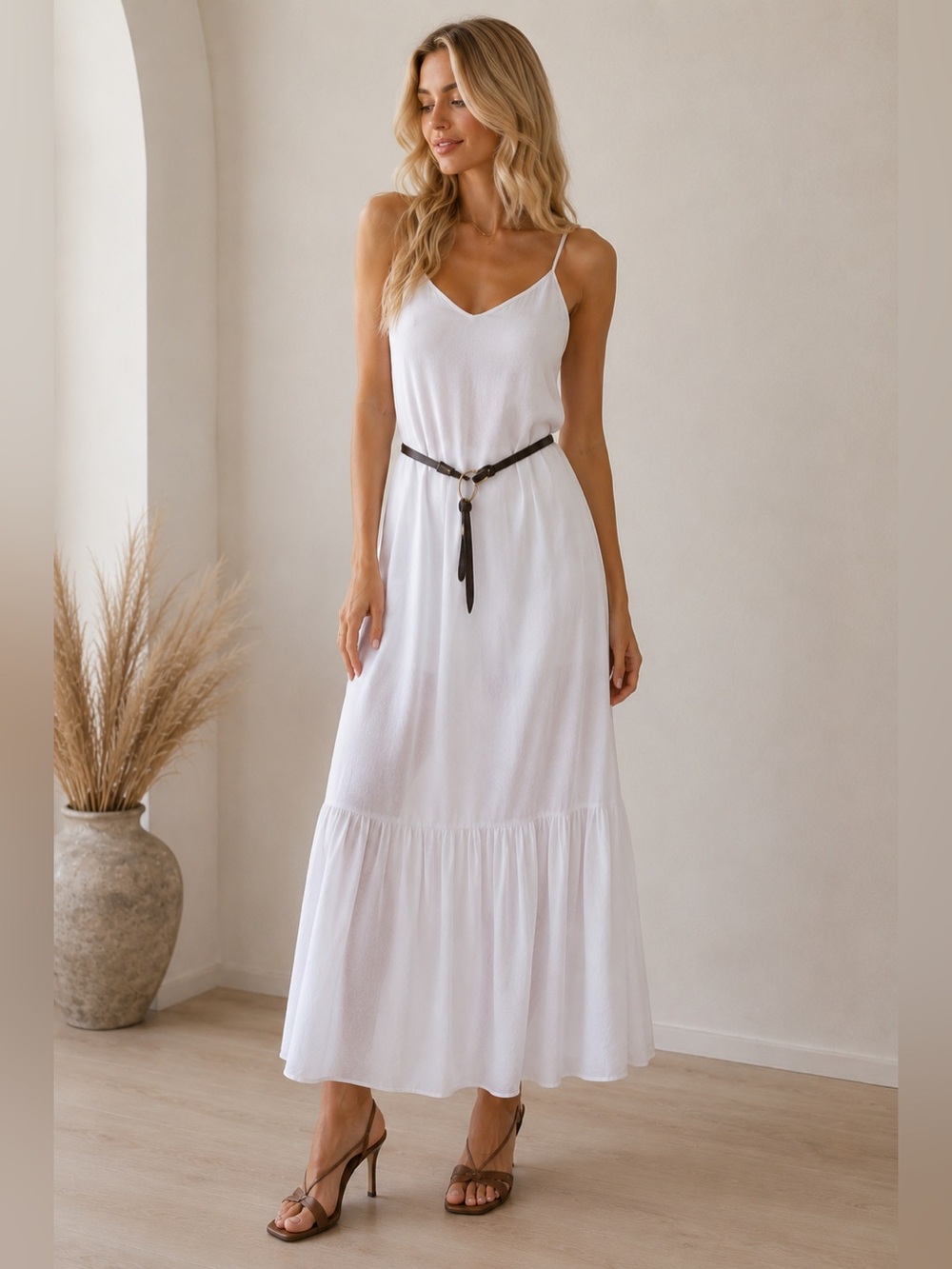 People by Fabrika White 100% Cotton Tiered Maxi Dress w/ Belt Size 36